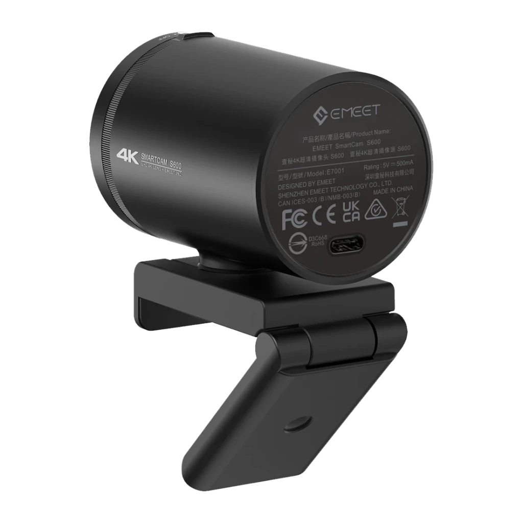 Webcam EMEET SmartCam S600 4K Ultra HD avec Microphone Noir, vue arrière: panneau avec étiquette technique, port USB-C