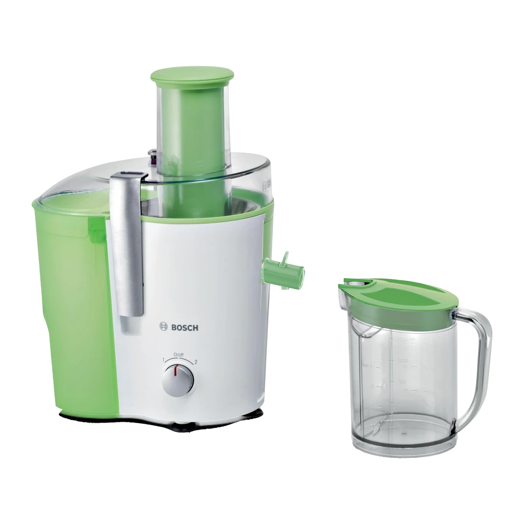 Exprimidor Bosch 1,25L 700W Verde MES25G0, vista frontal: cuerpo blanco y verde con selector de velocidad y jarra