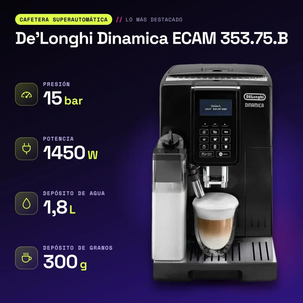 Cafetière Superautomatique De'Longhi Dinamica 1,8L Moulin Conique 13 Réglages Noir ECAM 353.75.B - caractéristiques