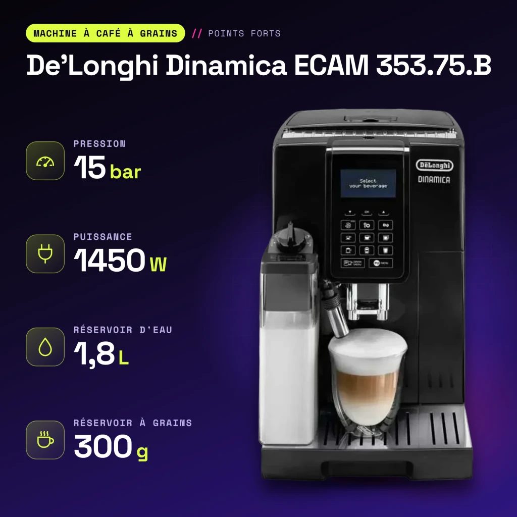 Cafetière Superautomatique De'Longhi Dinamica 1,8L Moulin Conique 13 Réglages Noir ECAM 353.75.B - caractéristiques