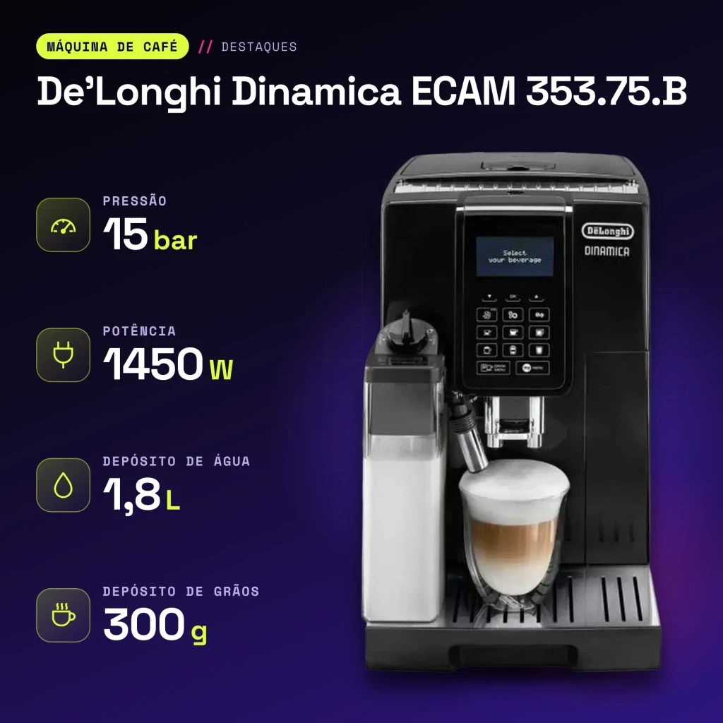 Cafetière Superautomatique De'Longhi Dinamica 1,8L Moulin Conique 13 Réglages Noir ECAM 353.75.B - caractéristiques