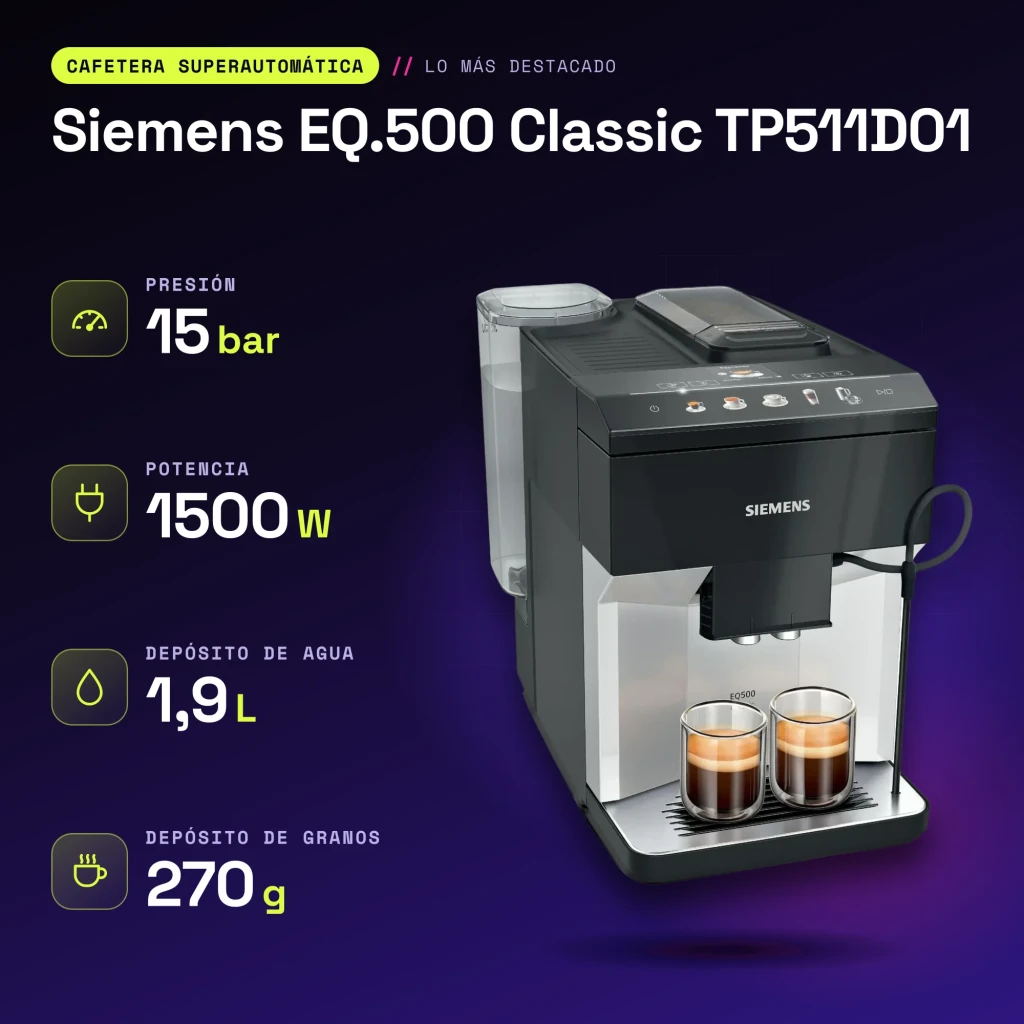 Machine à Café Superautomatique Siemens Classic 1,9L Moulin Céramique Mousseur à Lait Argent EQ.500 TP511D01 - caractéristiques