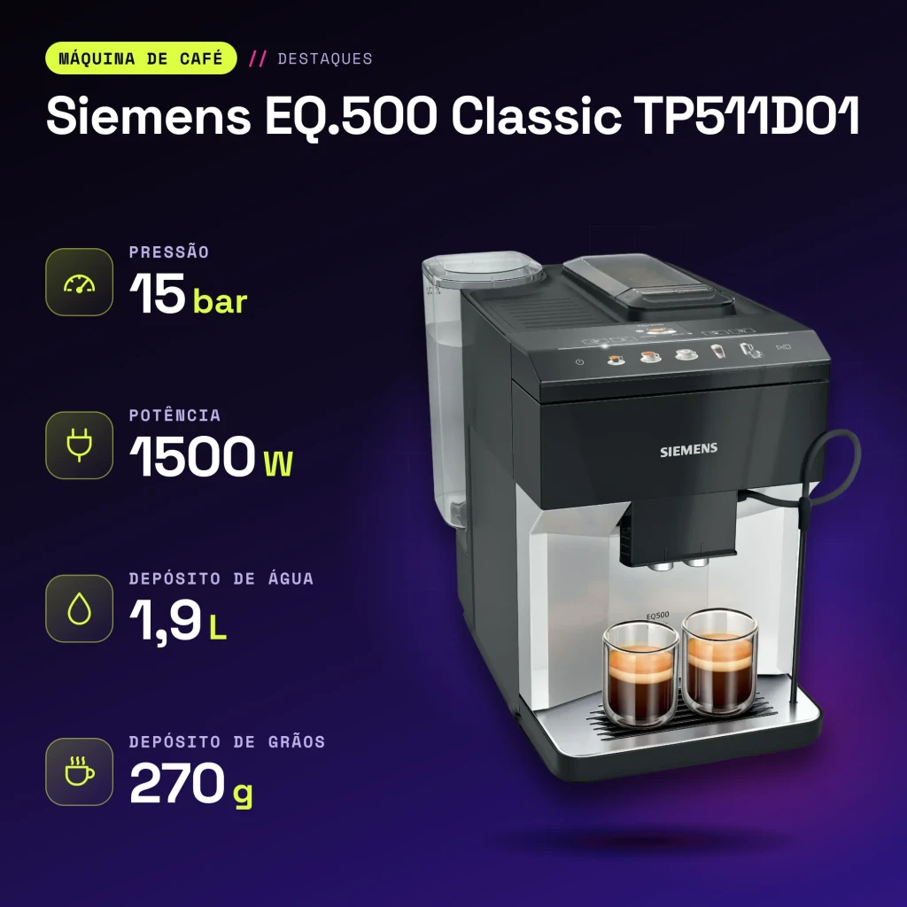 Machine à Café Superautomatique Siemens Classic 1,9L Moulin Céramique Mousseur à Lait Argent EQ.500 TP511D01 - caractéristiques
