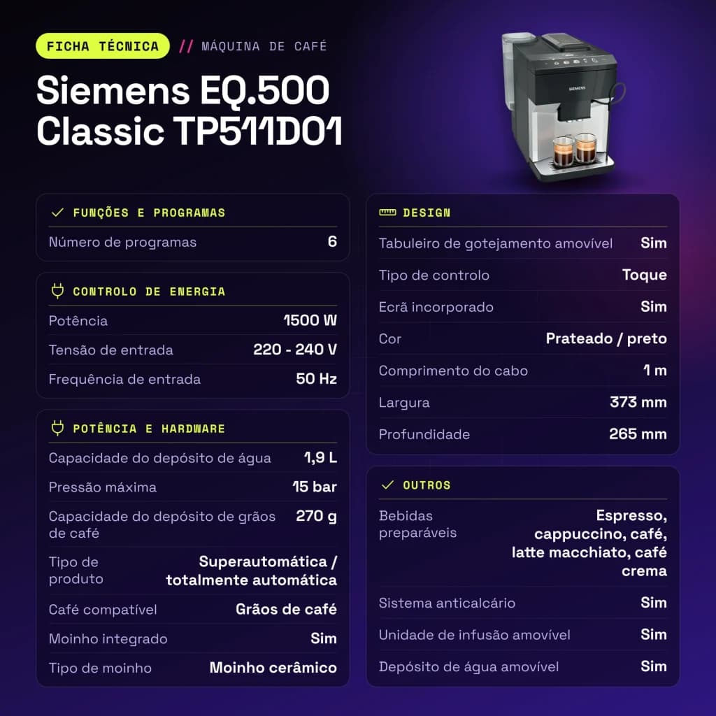Machine à Café Superautomatique Siemens Classic 1,9L Moulin Céramique Mousseur à Lait Argent EQ.500 TP511D01 - caractéristiques