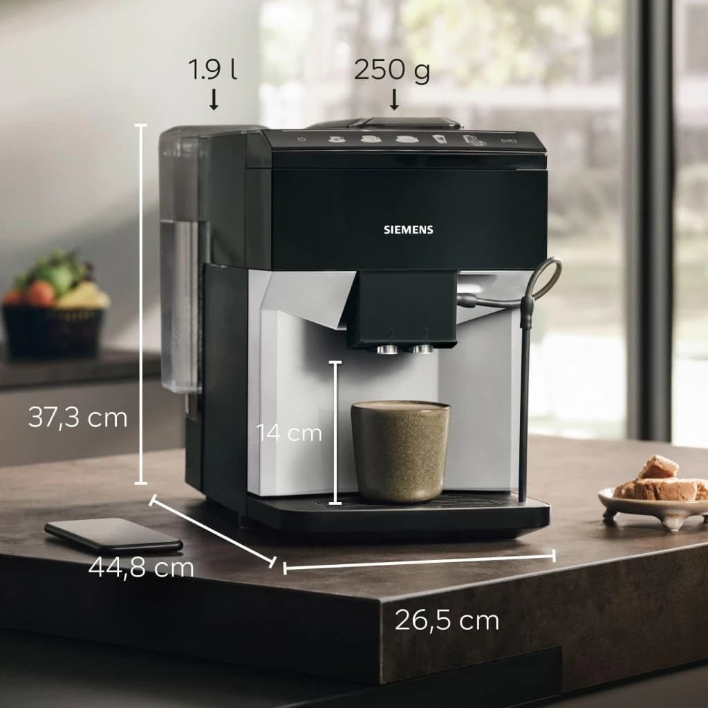 Machine à Café Superautomatique Siemens Classic 1,9L Moulin Céramique Mousseur à Lait Argent EQ.500 TP511D01, vue latérale
