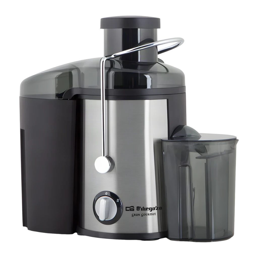 Centrifugeuse Orbegozo 0,6L 600W 2 vitesses Noir LI 5060, vue de face: corps inox, sélecteur rotatif et pichet collecteur