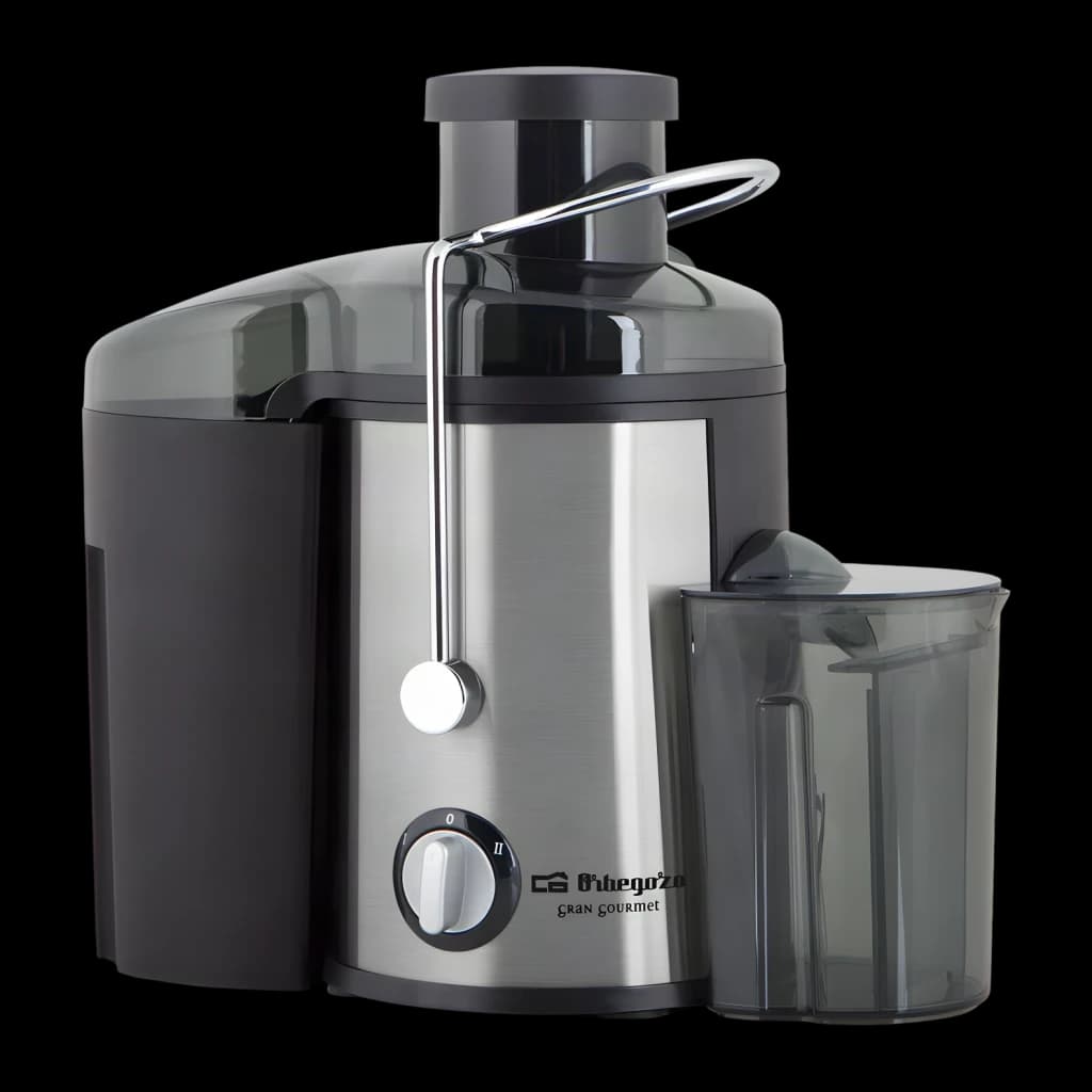 Centrifugeuse Orbegozo 0,6L 600W 2 vitesses Noir LI 5060, vue de face: corps inox, sélecteur rotatif et pichet collecteur
