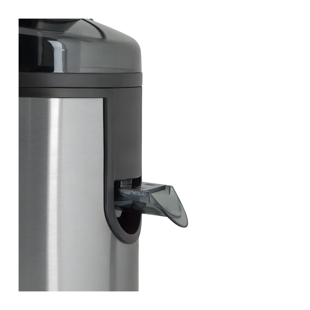 Centrifugeuse Orbegozo 0,6L 600W 2 vitesses Noir LI 5060, détail: bec verseur transparent et corps en acier inoxydable brossé