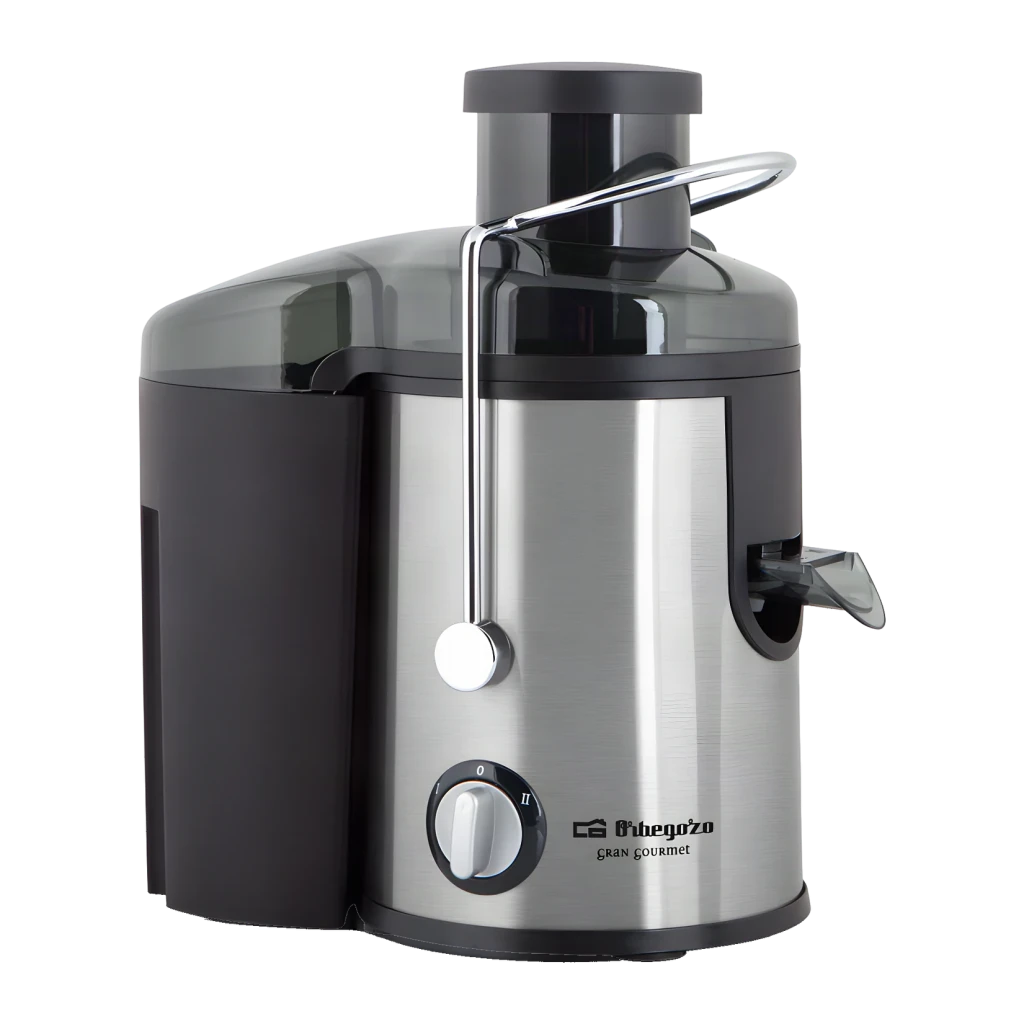 Centrifugeuse Orbegozo 0,6L 600W 2 vitesses Noir LI 5060, détail: corps inox brossé, sélecteur 2 vitesses et poignée chromée