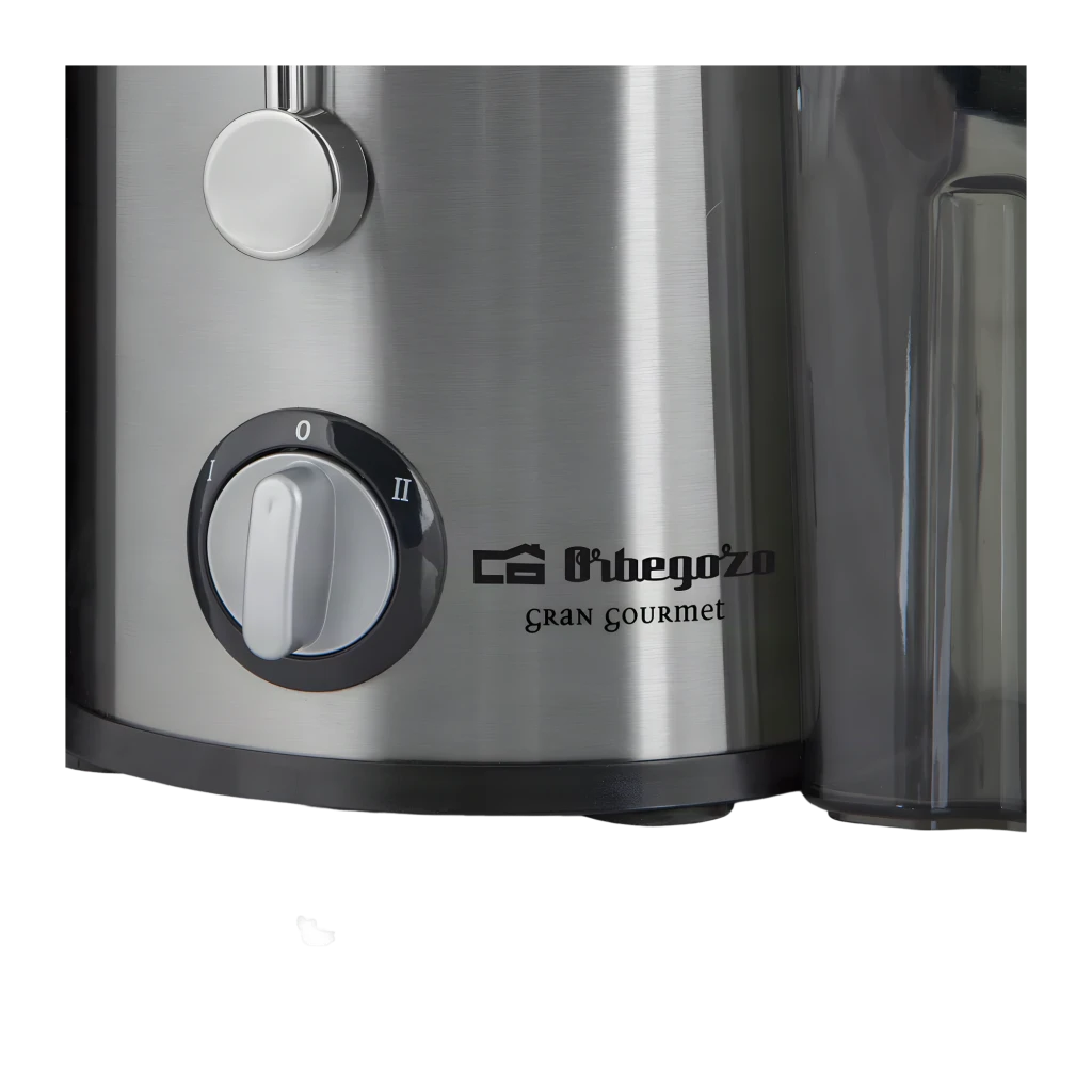 Centrifugeuse Orbegozo 0,6L 600W 2 vitesses Noir LI 5060, détail: sélecteur 2 vitesses et logo Gran Gourmet sur corps inox