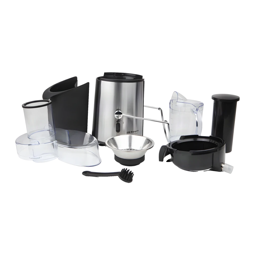 Centrifugeuse Orbegozo 0,6L 600W 2 vitesses Noir LI 5060, détail: accessoires démontés, corps inox, carafe, filtre, brosse