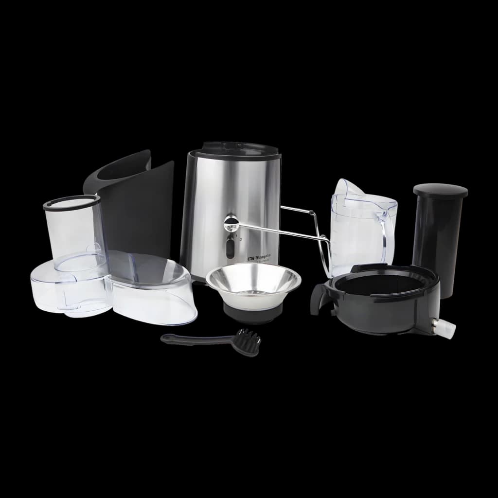Centrifugeuse Orbegozo 0,6L 600W 2 vitesses Noir LI 5060, détail: accessoires démontés, corps inox, carafe, filtre, brosse