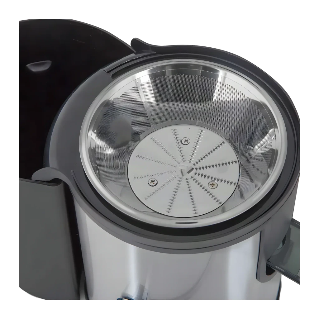 Centrifugeuse Orbegozo 0,6L 600W 2 vitesses Noir LI 5060, détail: disque coupant dentelé et filtre en maille inox vus
