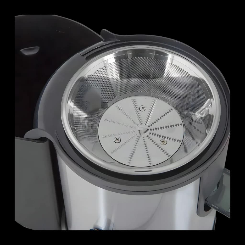 Centrifugeuse Orbegozo 0,6L 600W 2 vitesses Noir LI 5060, détail: disque coupant dentelé et filtre en maille inox vus