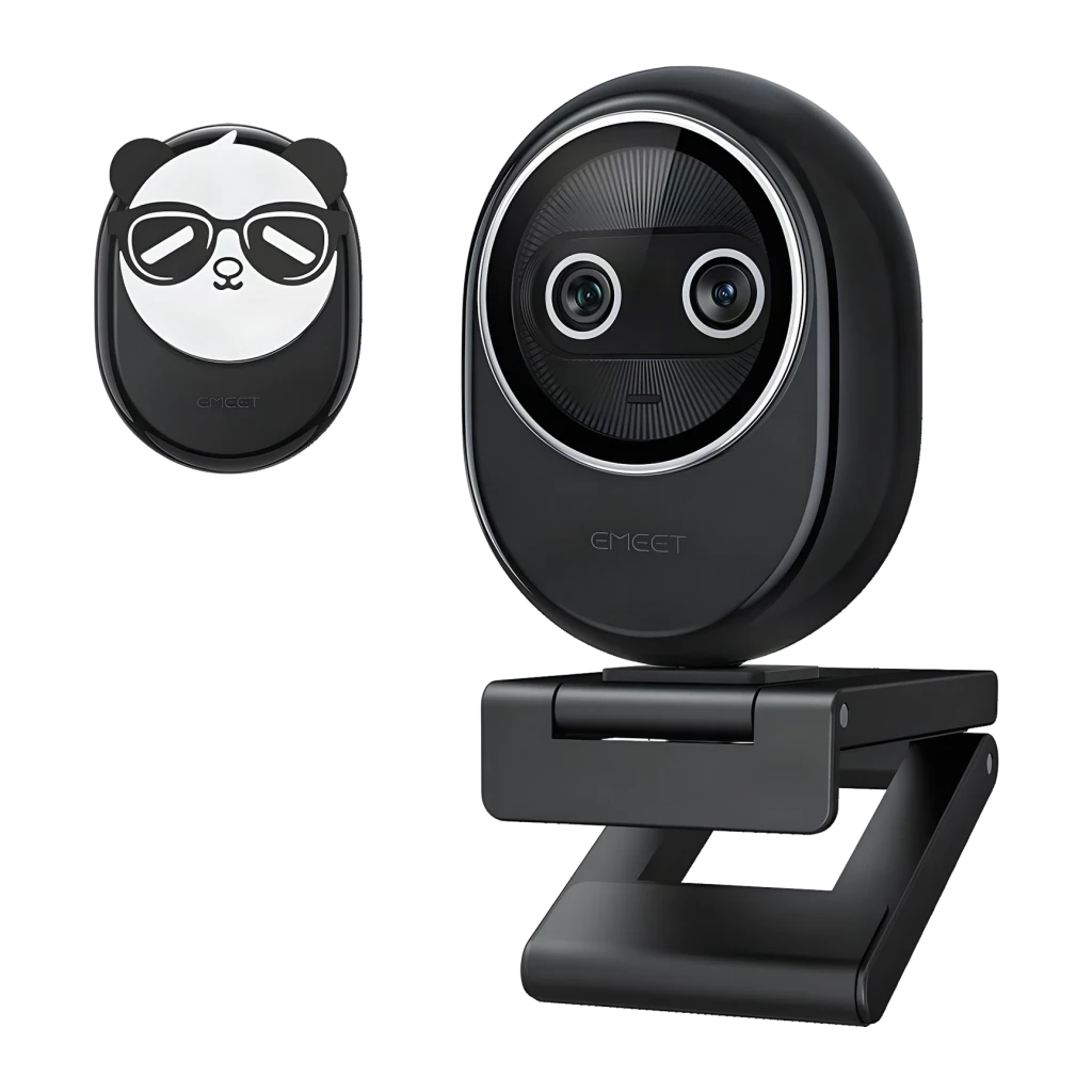 Webcam EMEET Piko+ 4K 30 fps 3 micros avec réduction de bruit Noir, vue de face: corps ovale double objectif, support