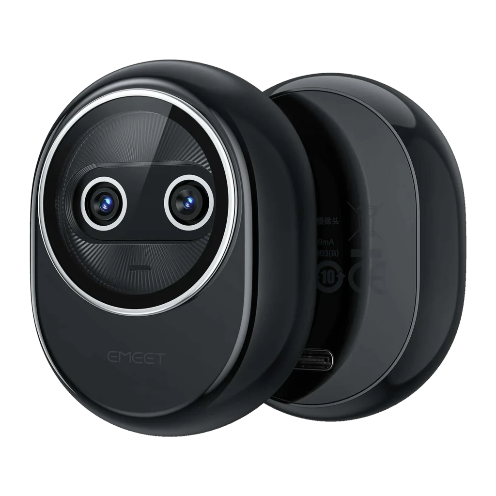 Webcam EMEET Piko+ 4K 30 fps 3 micros avec réduction de bruit Noir, détail: double objectif face avant et arrière avec port