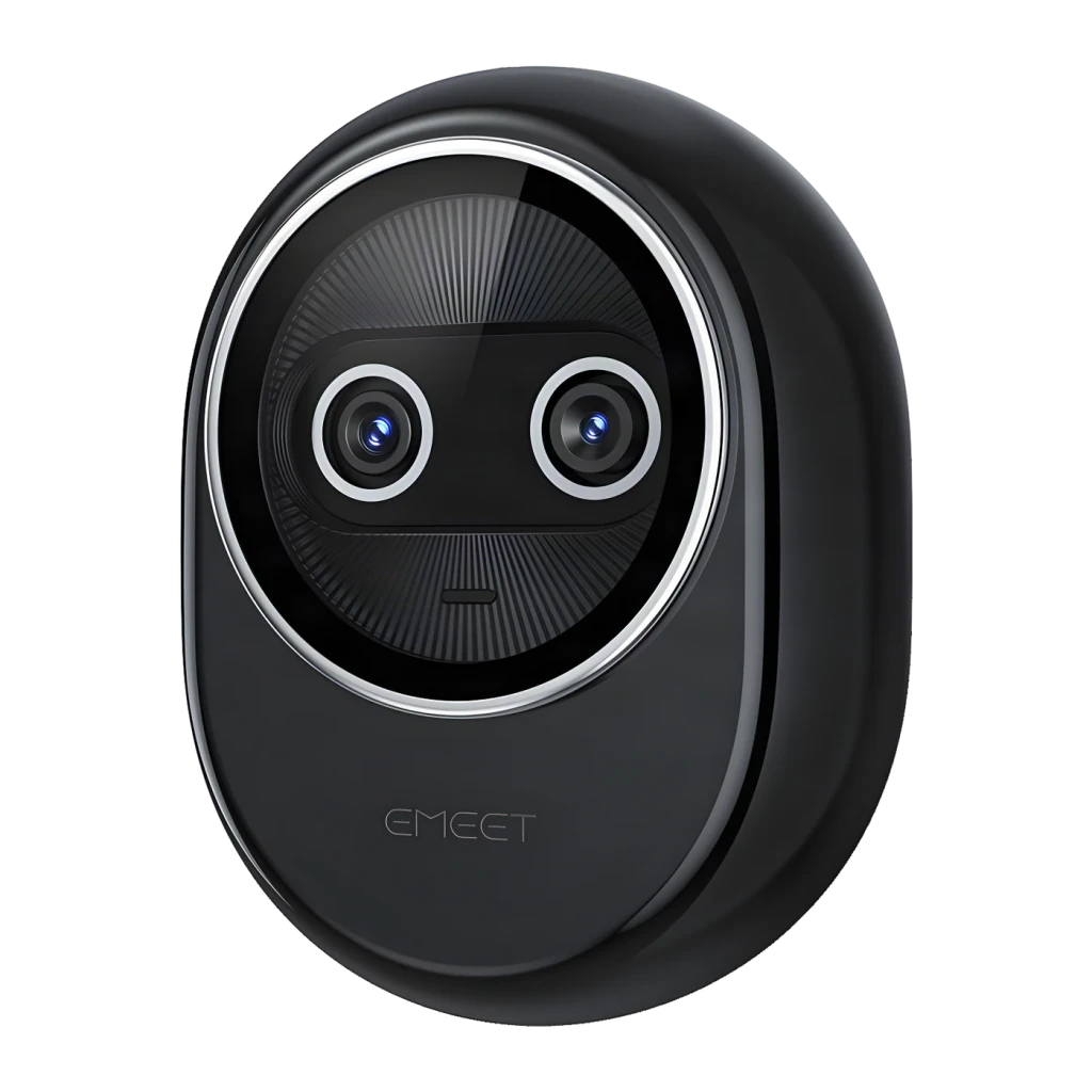Webcam EMEET Piko+ 4K 30 fps 3 micros avec réduction de bruit Noir, détail: double objectif avec anneau chromé et logo EMEET