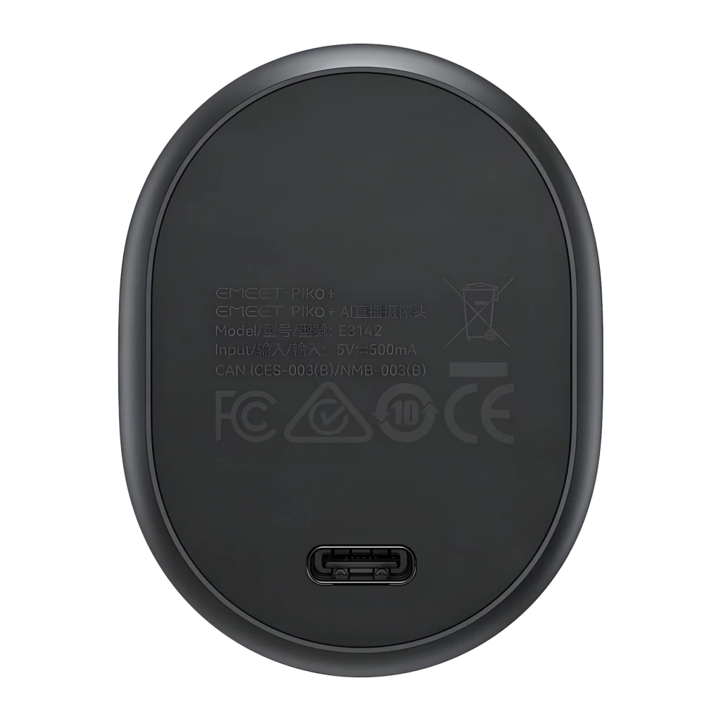 Webcam EMEET Piko+ 4K 30 fps 3 micros avec réduction de bruit Noir, vue arrière: port USB-C et étiquette modèle E3142