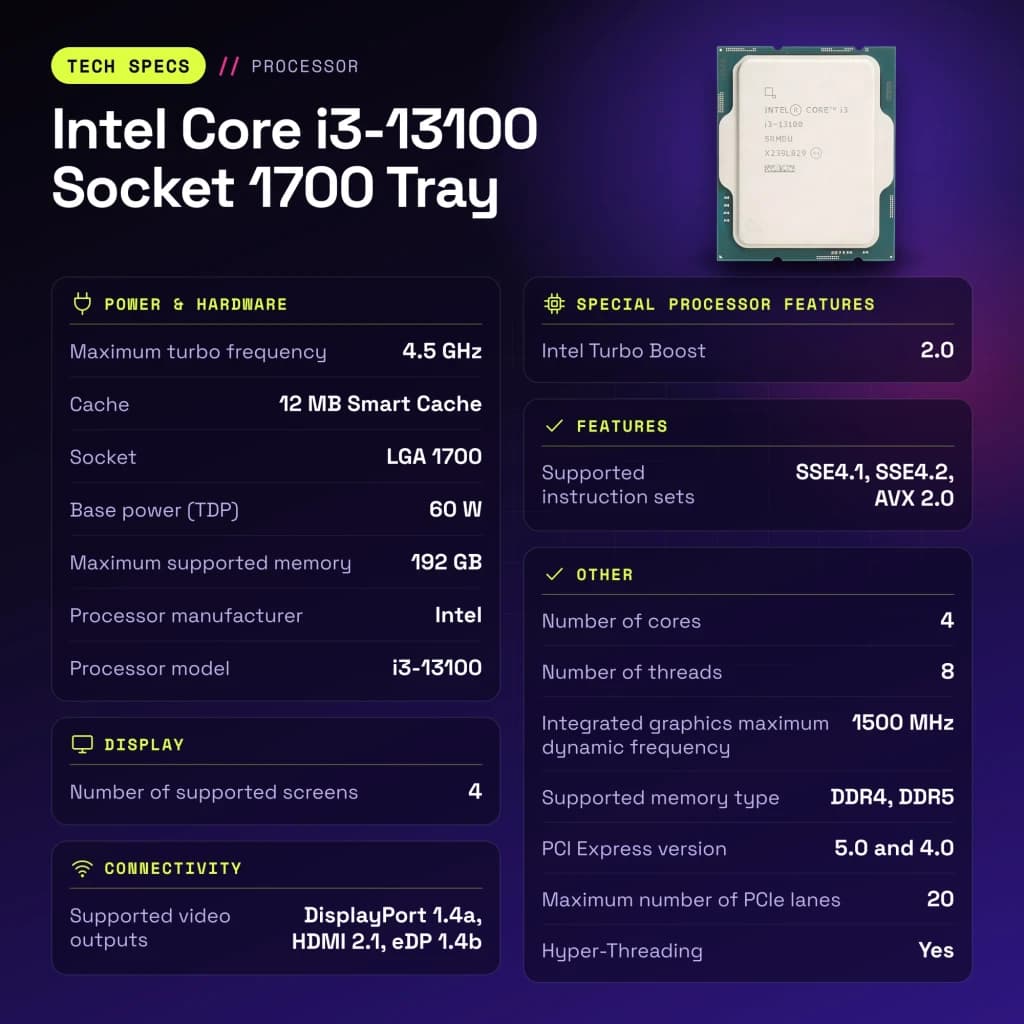 Socget Intel Core i3-13100 Socket 1700 Tray | 4 núcleos, sem ventoinha
