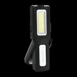 Lampe LED Superfire G12 Rechargeable 566lm 100m noire, vue de face: panneau COB supérieur, support pliant ouvert et logo