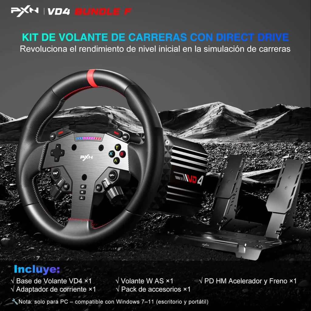 Volante de carreras PXN VD4 Bundle Direct Drive 4 Nm PC Pedales Hall Effect Negro, kit completo: volante con costuras rojas