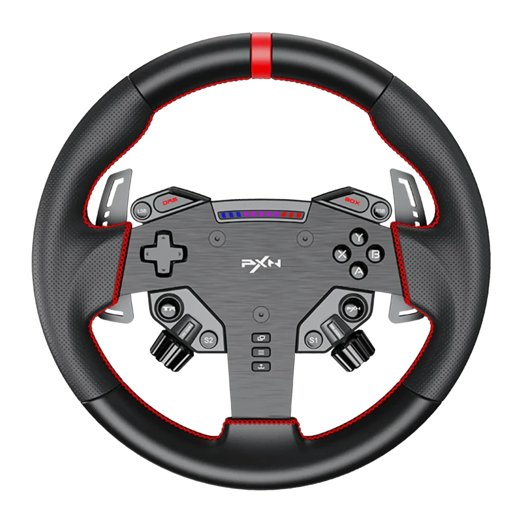 Volante de carreras PXN VD4 Bundle Direct Drive 4 Nm PC Pedales Hall Effect Negro, detalle frontal: aro con costuras rojas