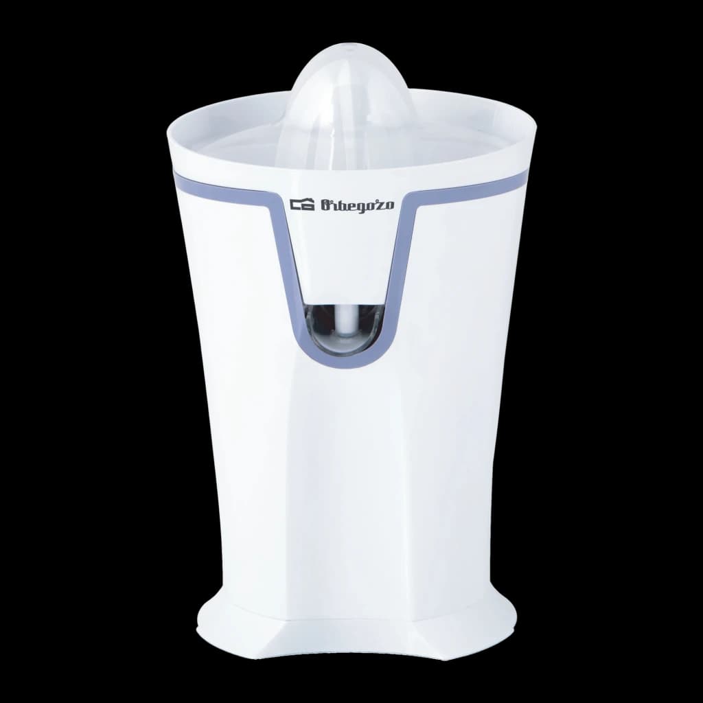 Exprimidor Orbegozo 40W Blanco EP 2350, vista frontal: cuerpo blanco con franja gris, logo y cono exprimidor superior