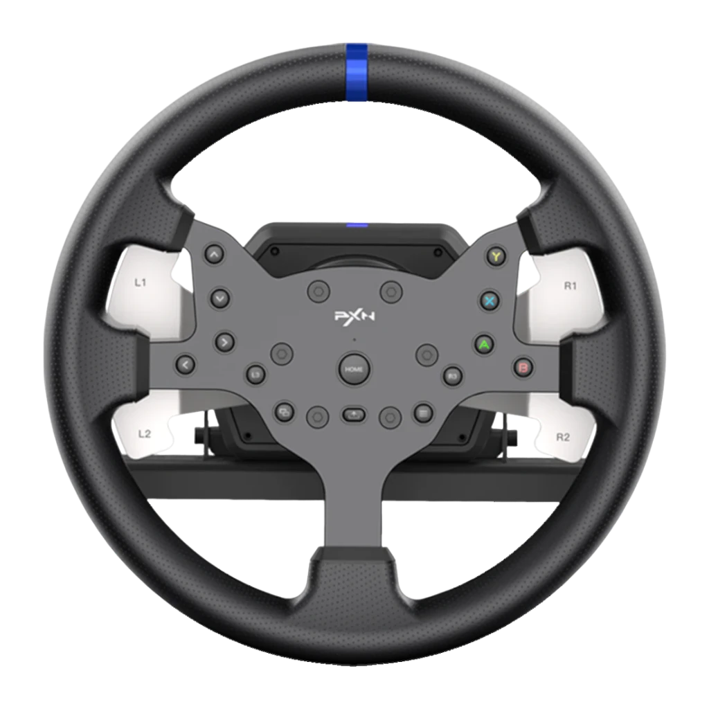 Volante gaming PXN V99 Force Feedback Doble Motor PC/PS3/PS4/Xbox One/Switch Negro, detalle frontal: botonera central