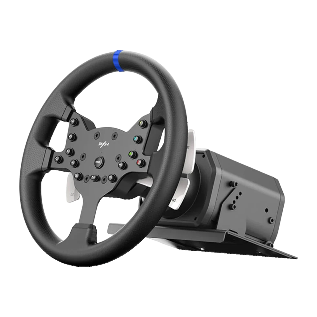 Volante gaming PXN V99 Force Feedback Doble Motor PC/PS3/PS4/Xbox One/Switch Negro, detalle: botonera central con logo PXN