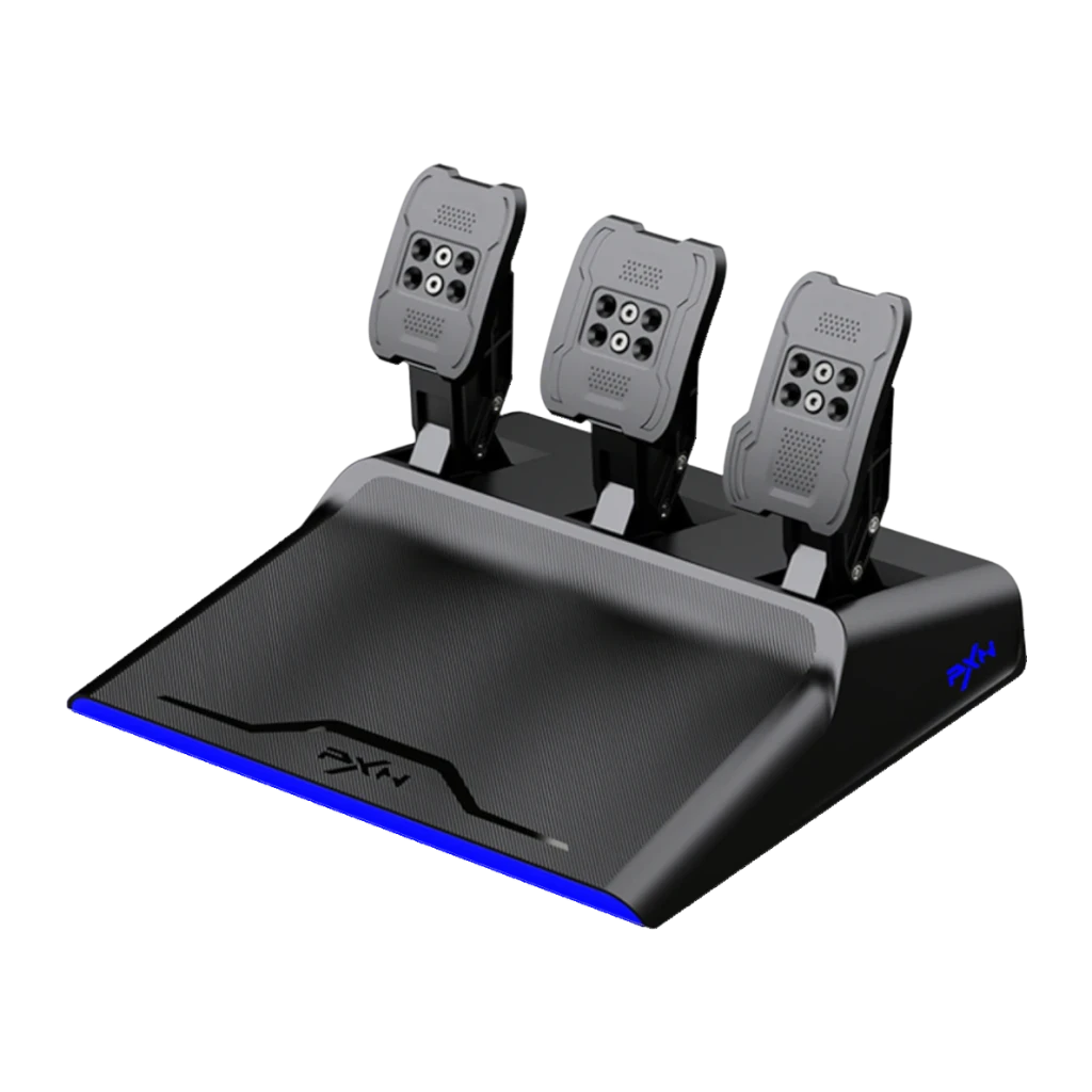 Volante gaming PXN V99 Force Feedback Doble Motor PC/PS3/PS4/Xbox One/Switch Negro, detalle: pedales triples con base negra