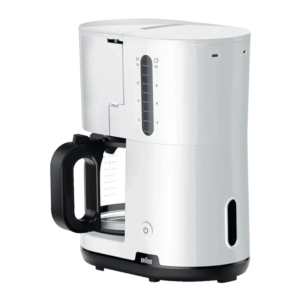 Cafeteira de filtro Braun KF1100 10 chávenas 1000W Branco, vista frontal: jarra de vidro com asa preta, depósito com escala