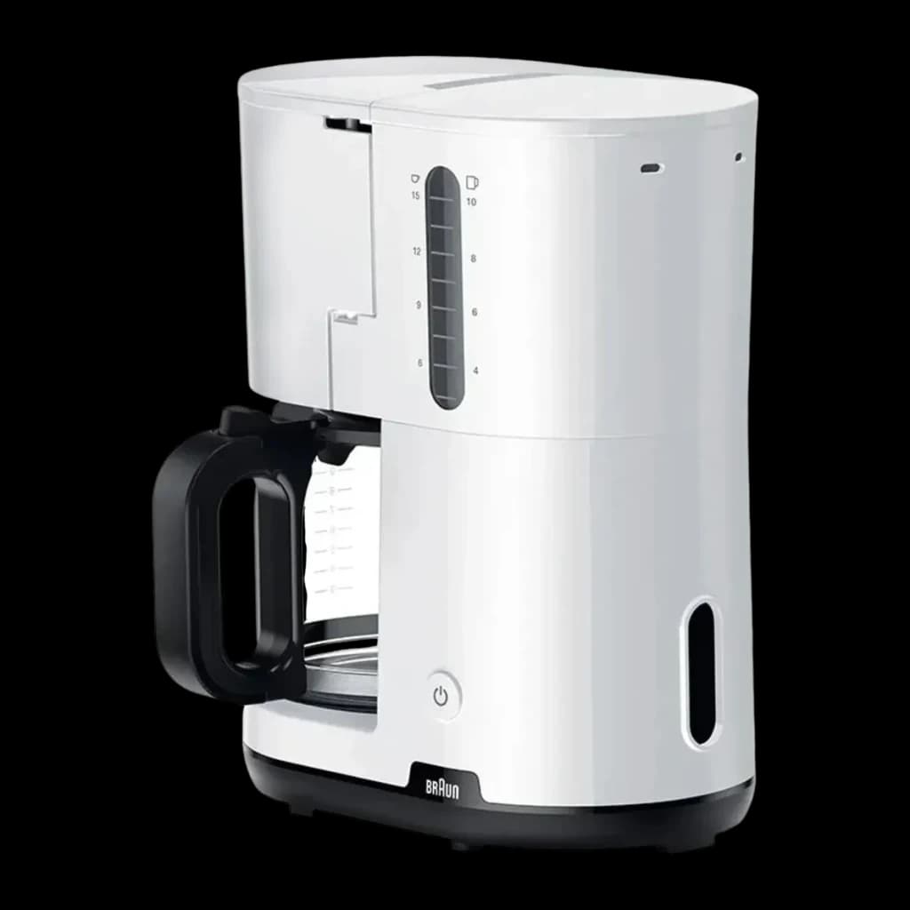 Cafeteira de filtro Braun KF1100 10 chávenas 1000W Branco, vista frontal: jarra de vidro com asa preta, depósito com escala