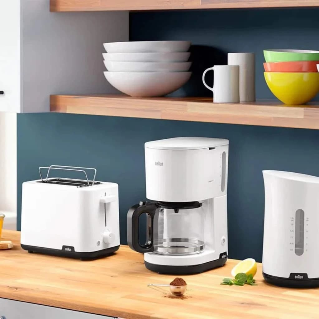 Cafeteira de filtro Braun KF1100 10 chávenas 1000W Branco, em uso: sobre bancada de madeira com torradeira e chaleira Braun