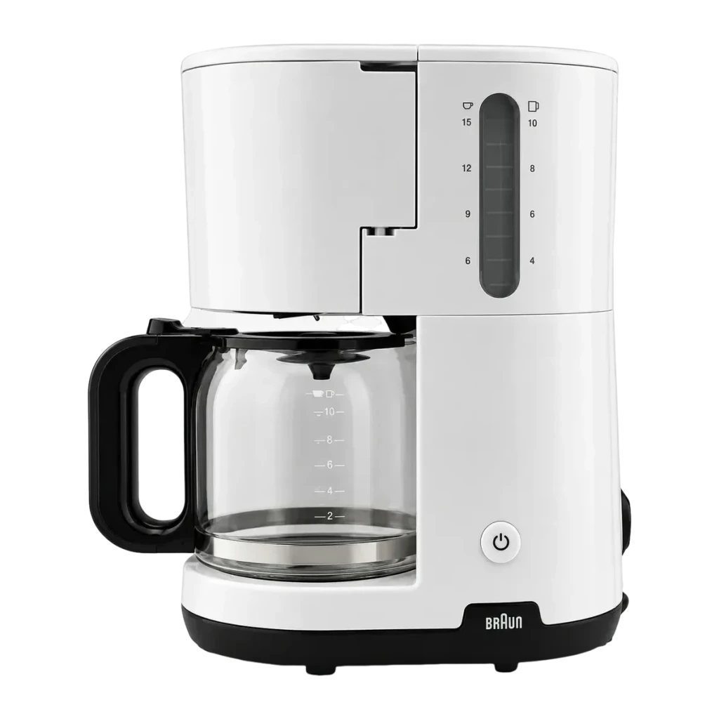 Cafeteira de filtro Braun KF1100 10 chávenas 1000W Branco, detalhe: jarra de vidro graduada, botão de ligar e visor do nível