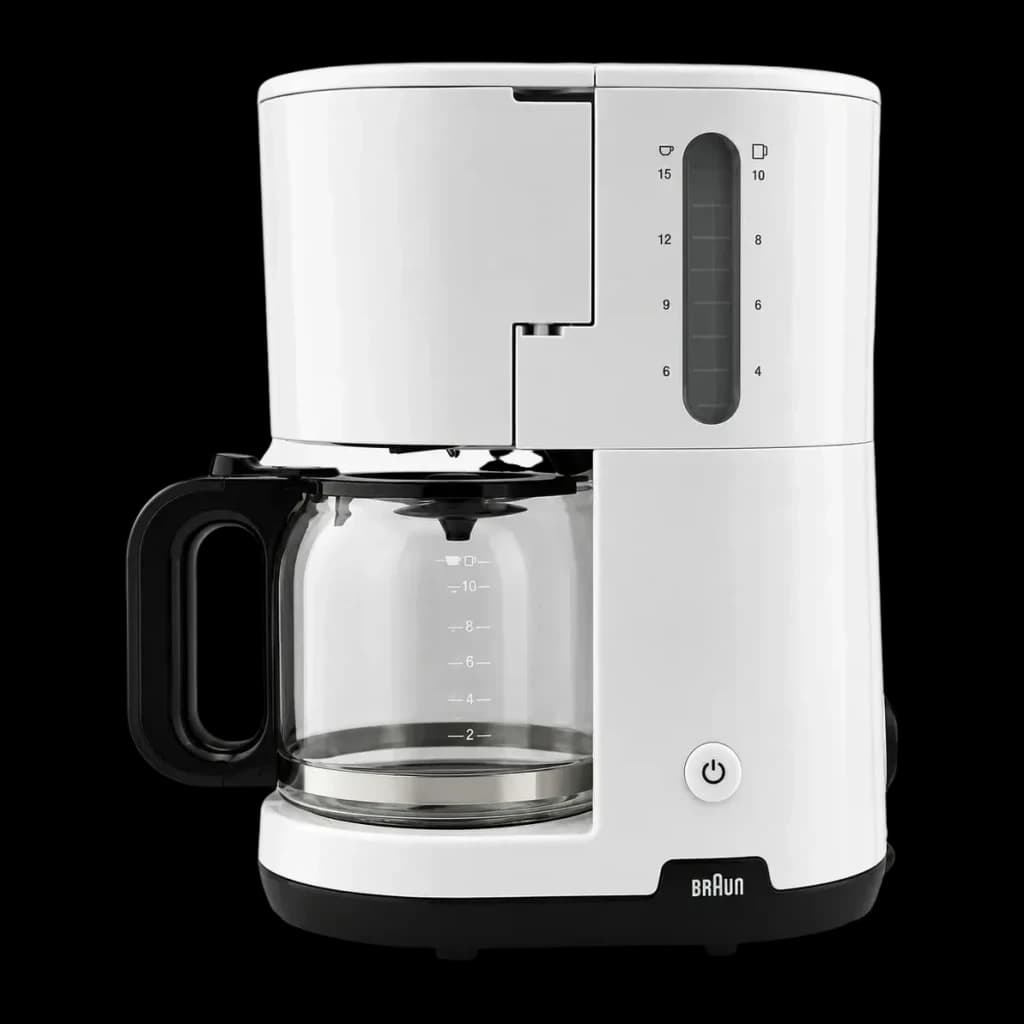 Cafeteira de filtro Braun KF1100 10 chávenas 1000W Branco, detalhe: jarra de vidro graduada, botão de ligar e visor do nível