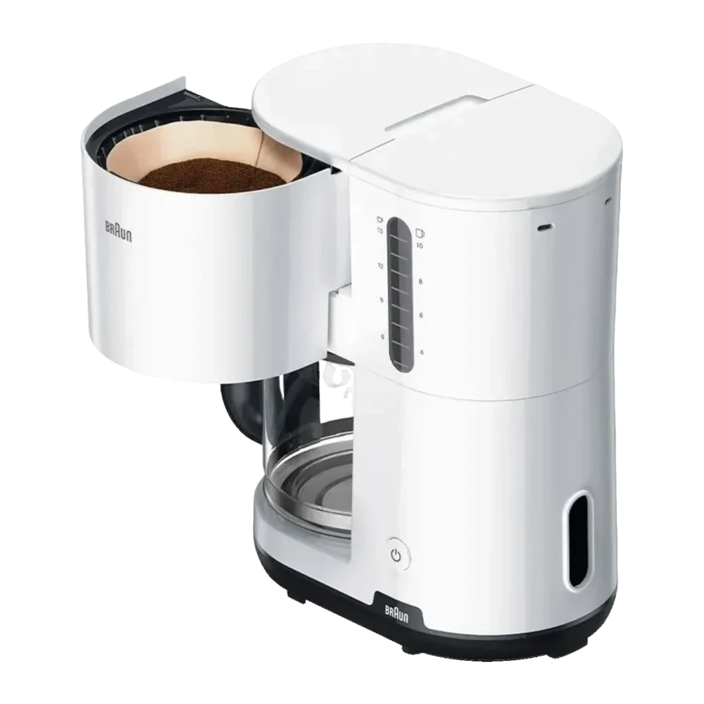 Cafeteira de filtro Braun KF1100 10 chávenas 1000W Branco, detalhe: porta-filtro aberto com café moído, jarra de vidro