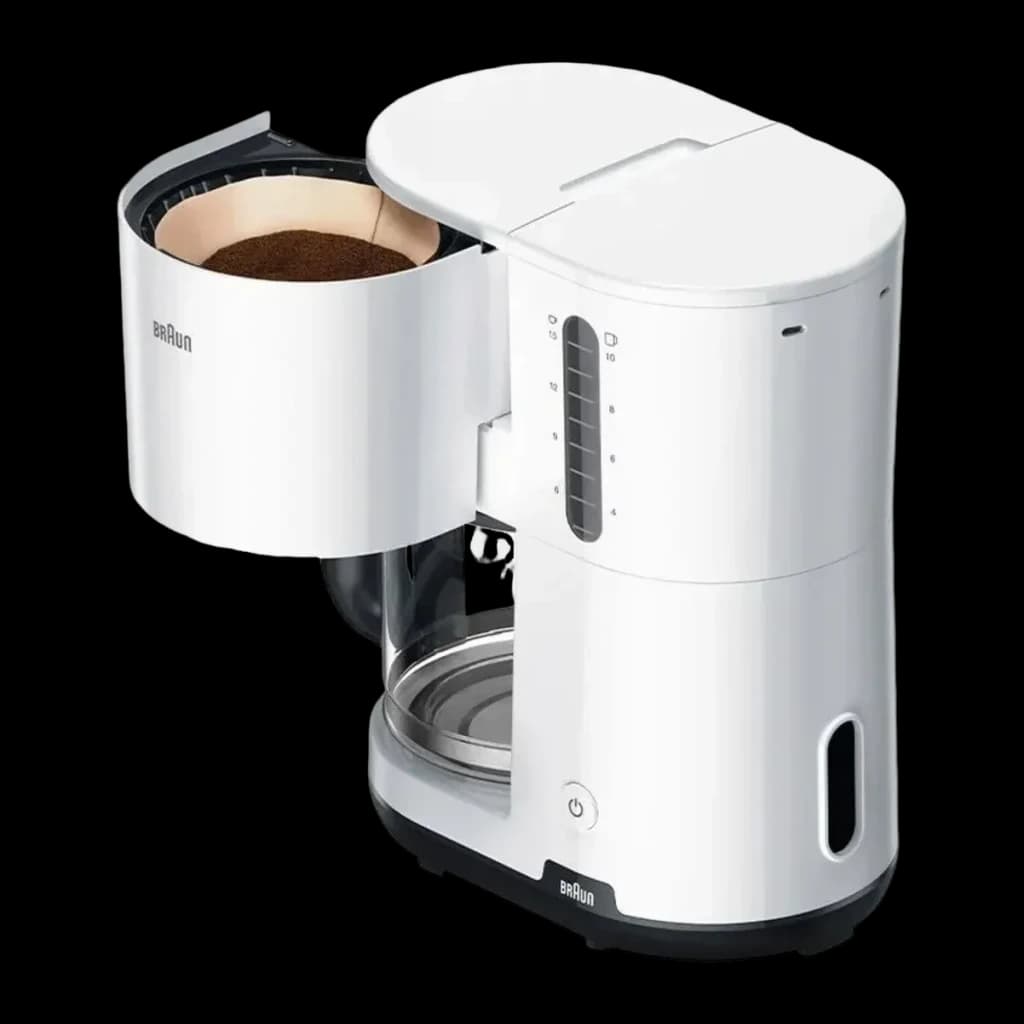 Cafeteira de filtro Braun KF1100 10 chávenas 1000W Branco, detalhe: porta-filtro aberto com café moído, jarra de vidro