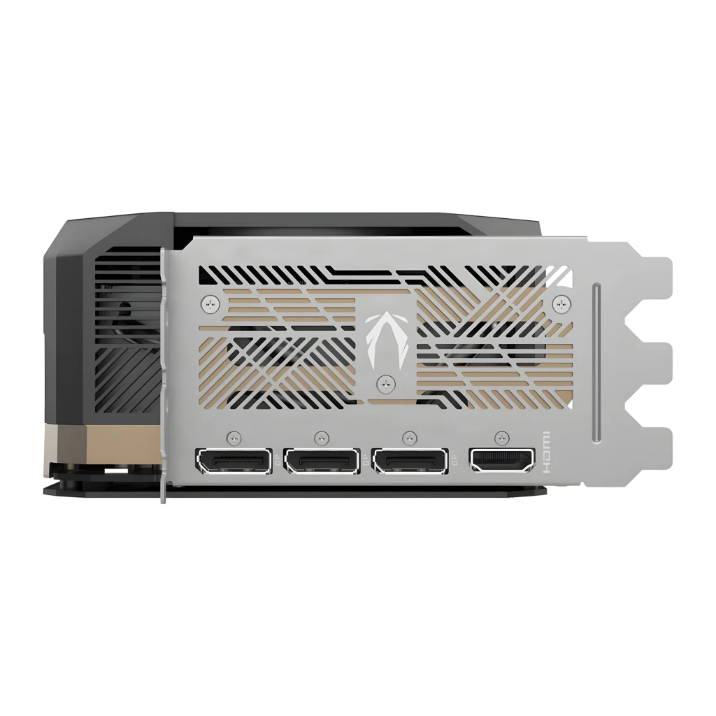 ZOTAC Gaming GeForce RTX 5090 Solid 32 Go GDDR7 Noir, détail: équerre avec 3 DisplayPort, 1 HDMI et backplate argenté