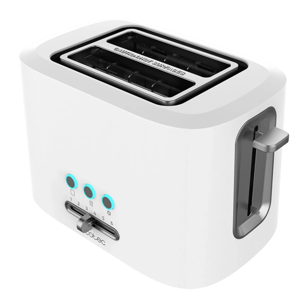 Tostadora Cecotec Toast&Taste 9000 Double White 980W 2 Ranuras, vista frontal: cuerpo blanco, 2 ranuras superiores, botones