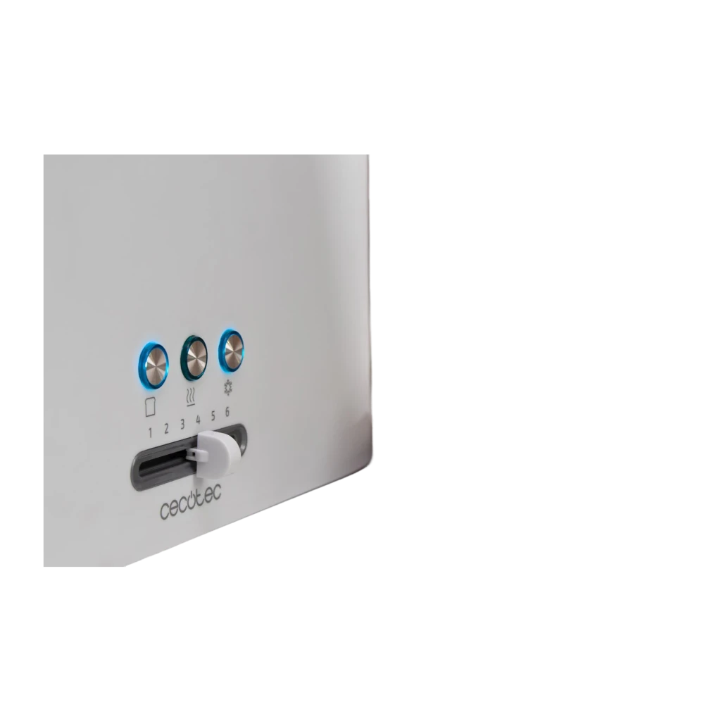 Tostadora Cecotec Toast&Taste 9000 Double White 980W 2 Ranuras, detalle: 3 botones plateados con aro azul, selector de nivel