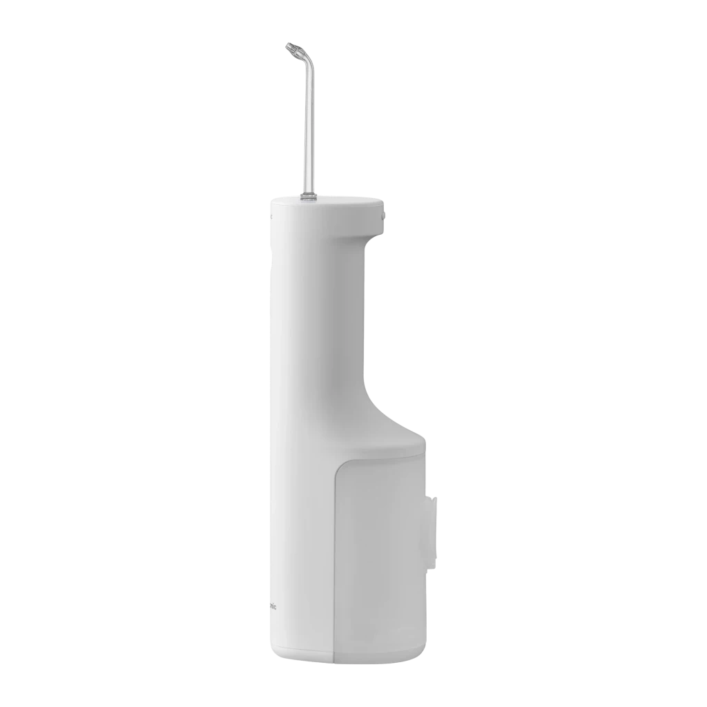 Irrigateur Oral Panasonic EW-DJ66 Sans Fil 60min Blanc, détail latéral: buse métallique courbée et réservoir d'eau intégré
