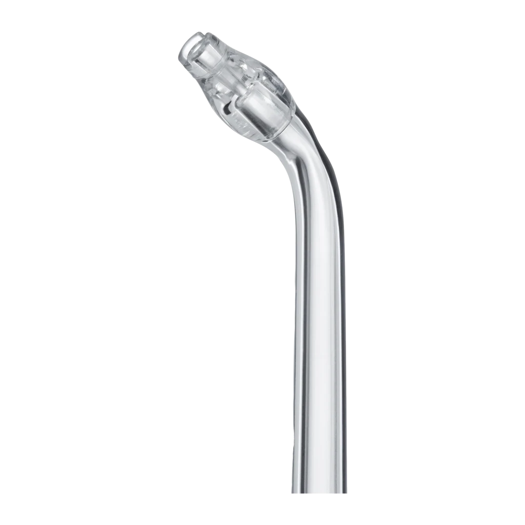 Irrigateur Oral Panasonic EW-DJ66 Sans Fil 60min Blanc, détail: embout transparent courbé avec buse de jet sur fond noir