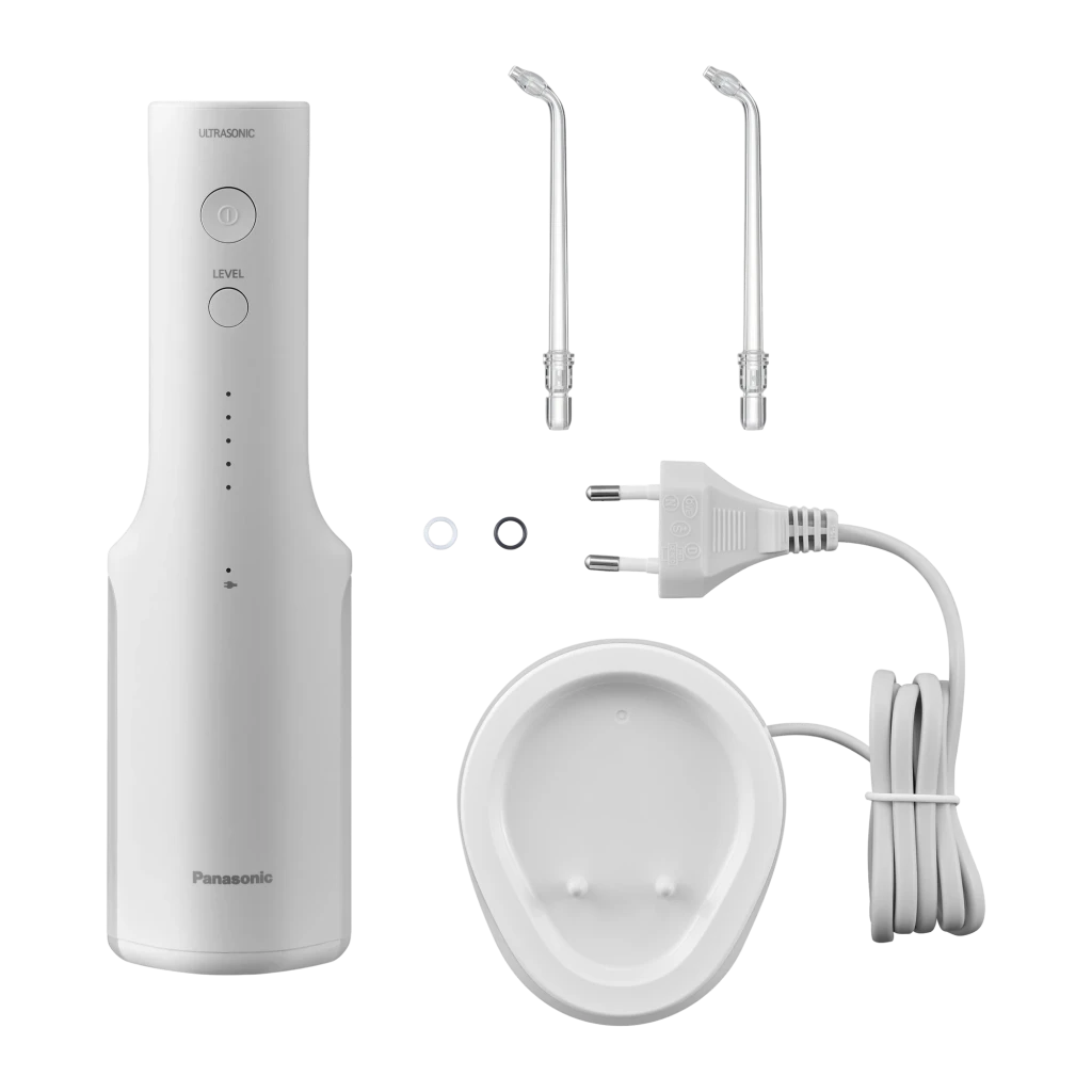 Irrigateur Oral Panasonic EW-DJ66 Sans Fil 60min Blanc, détail: accessoires inclus, 2 buses, base de charge et câble