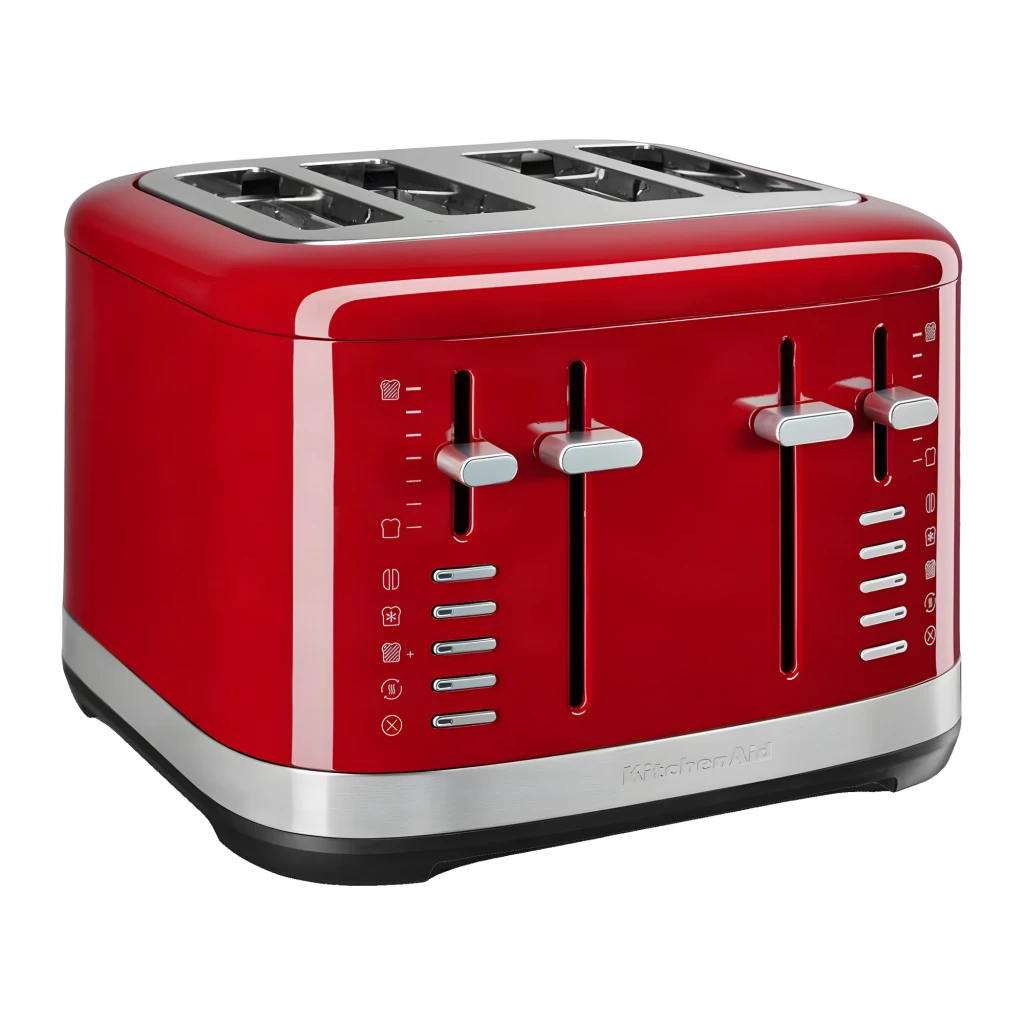 Tostador KitchenAid 1640W 4 Ranuras Rojo 5KMT4109EER, vista frontal: cuerpo rojo brillante, 4 ranuras, palancas y botones