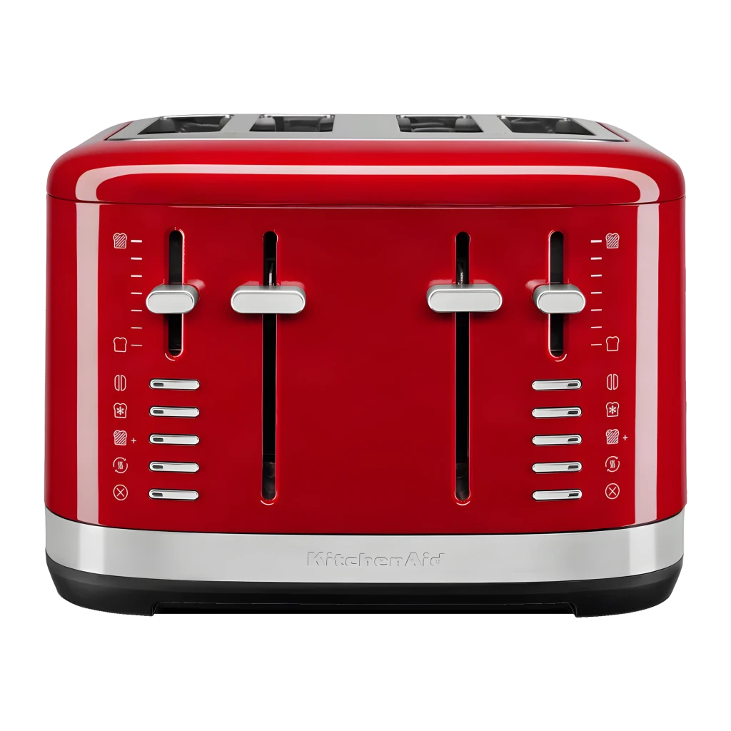 Tostador KitchenAid 1640W 4 Ranuras Rojo 5KMT4109EER, detalle frontal: 4 palancas cromadas, botones de función y base