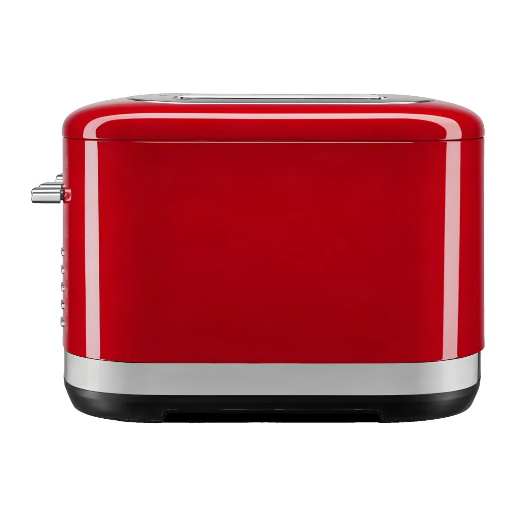 Tostador KitchenAid 1640W 4 Ranuras Rojo 5KMT4109EER, detalle lateral: cuerpo rojo brillante, palanca cromada y base