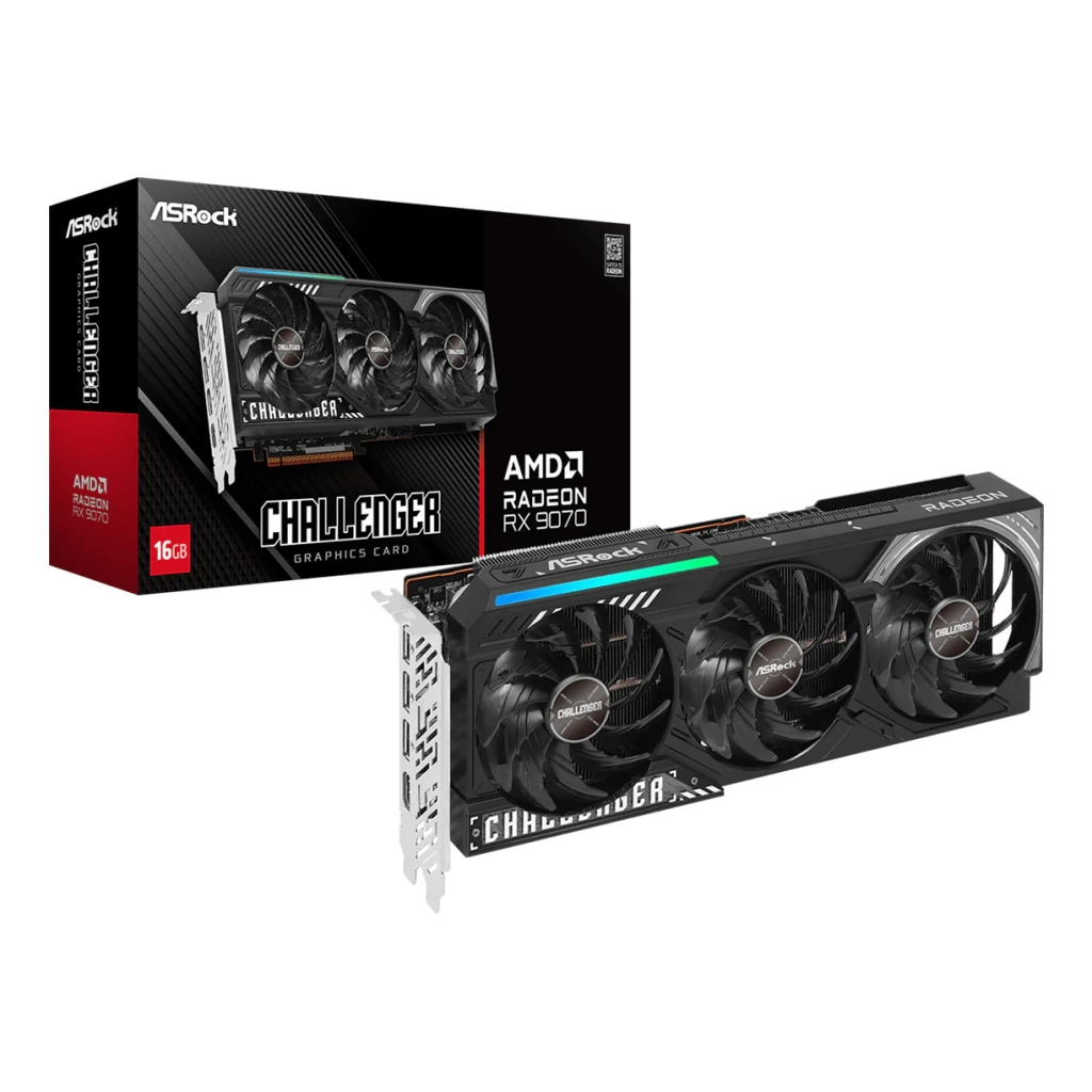 ASRock Radeon RX 9070 Challenger 16 Go GDDR6, contenu de la boîte: carte triple ventilateur RGB posée devant son emballage