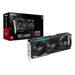 ASRock Radeon RX 9070 Challenger 16 Go GDDR6, contenu de la boîte: carte triple ventilateur RGB posée devant son emballage