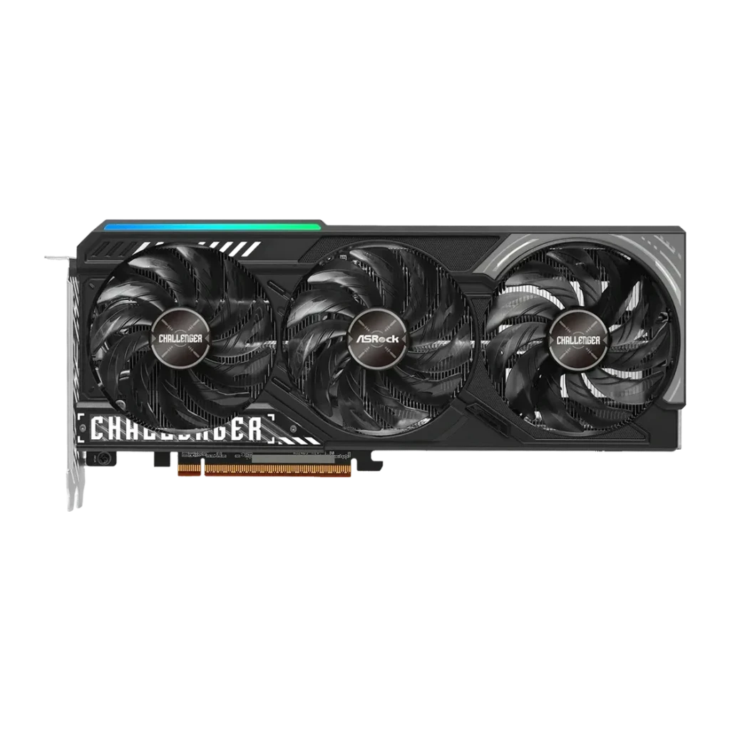 ASRock Radeon RX 9070 Challenger 16 Go GDDR6, détail face avant: triple ventilateur, bandeau RGB bleu-vert et logo Challenger