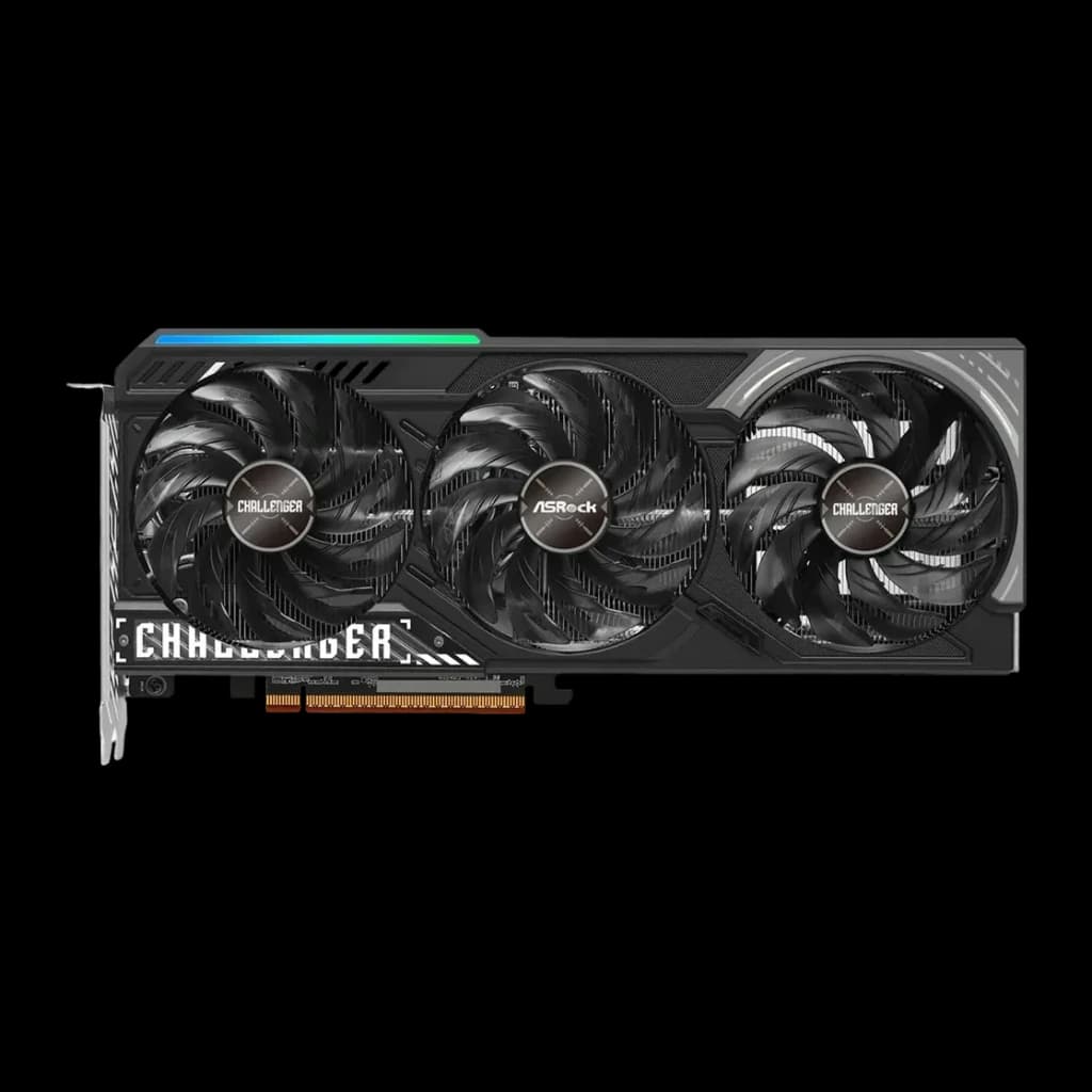 ASRock Radeon RX 9070 Challenger 16 Go GDDR6, détail face avant: triple ventilateur, bandeau RGB bleu-vert et logo Challenger